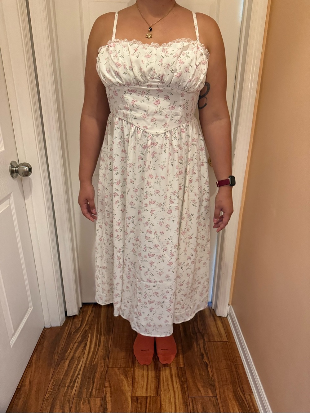 SHEIN Cream Midi Dress with Pink Floral Print